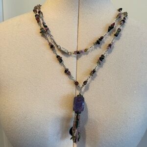 raw amethyst long pendant necklace with semi precious stones